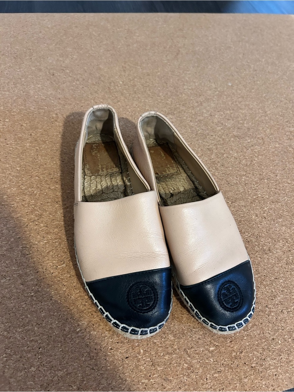 Tory Burch Beige and Black Espadrille Flats